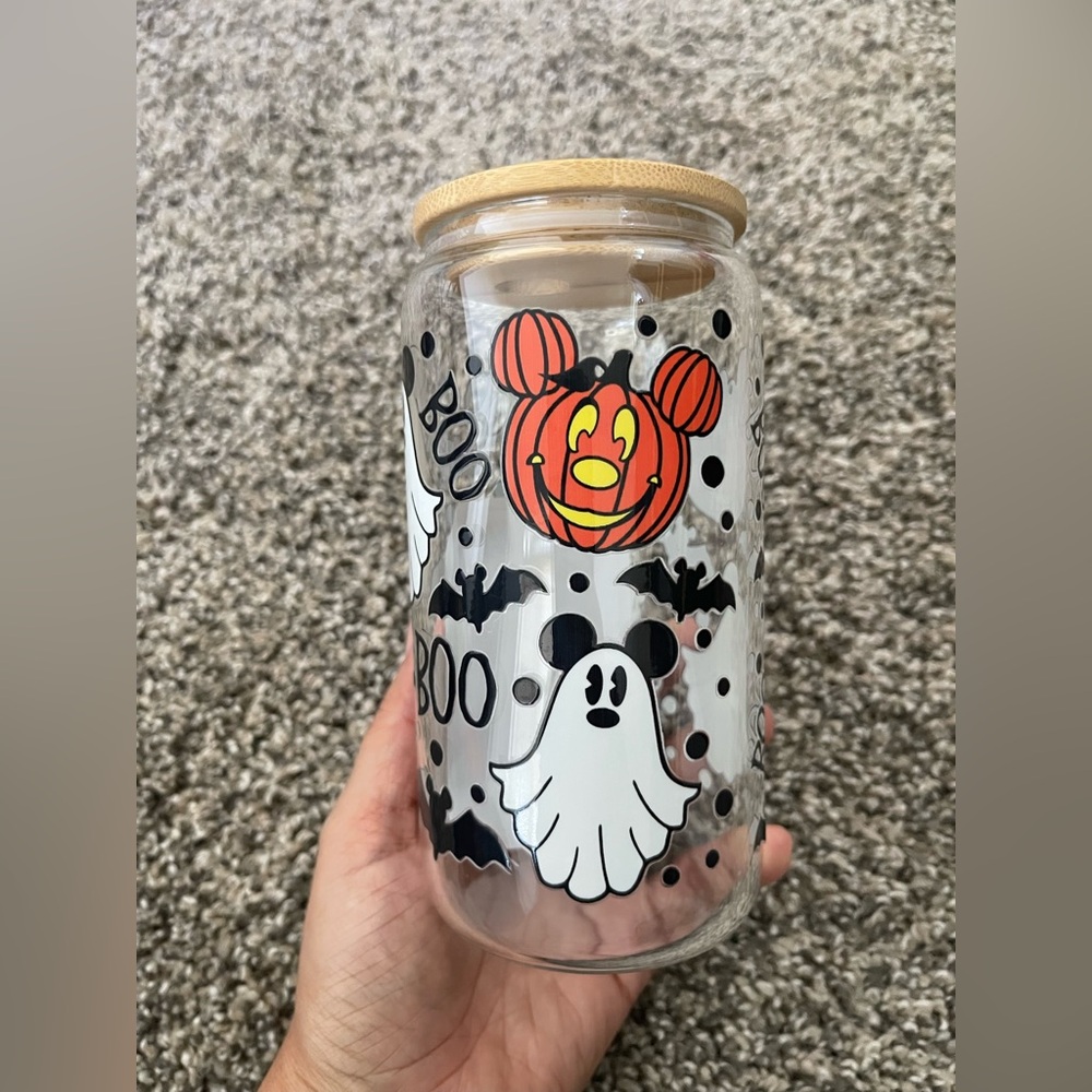 NEW Disney Mickey Pumpkin Ghost Halloween 16 oz Glass Can Cup w/ Bamboo Lid
